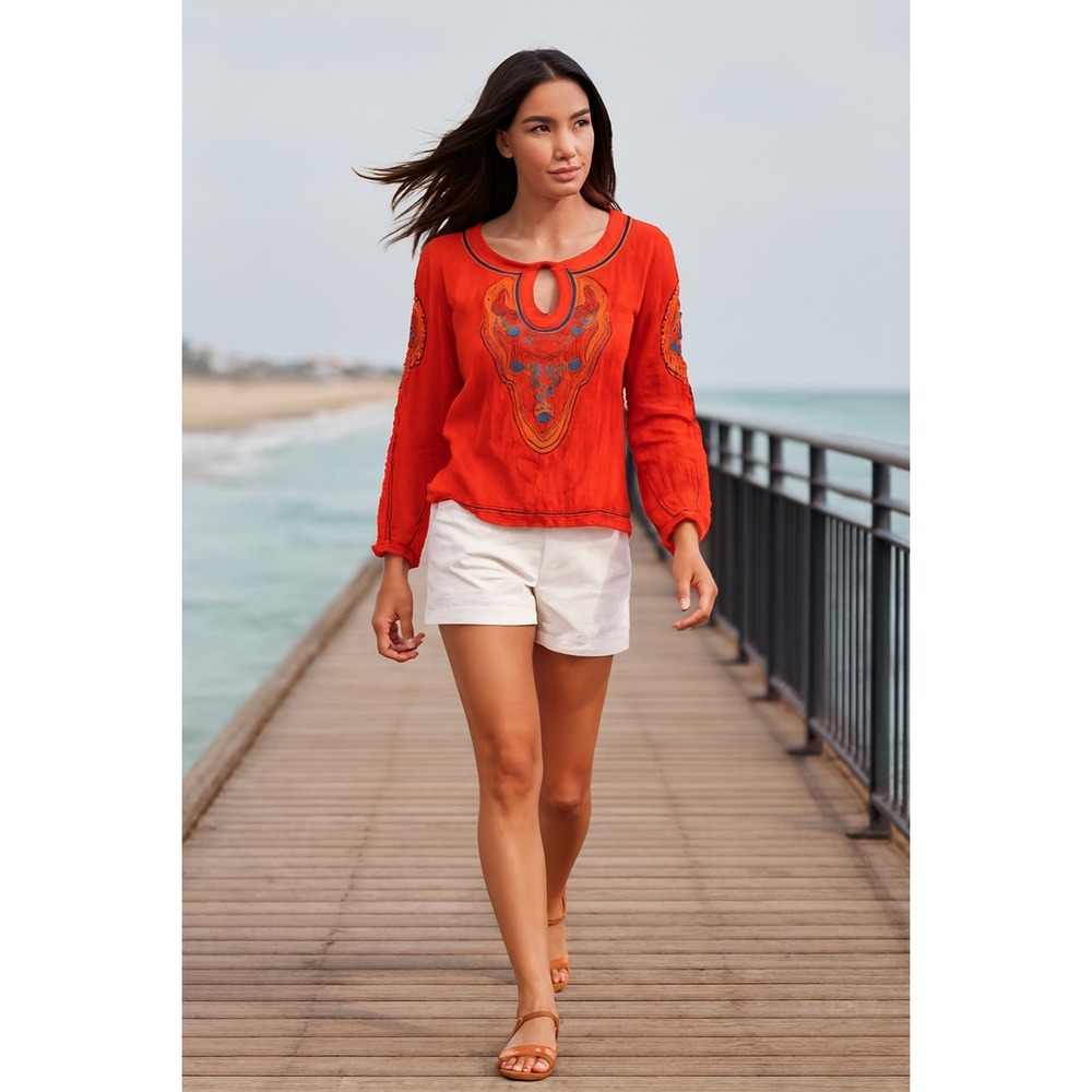 NWT Liberty Love Angel Orange‎ Embroidered Gypsy Long Sleeve Hippie Resort Top L
